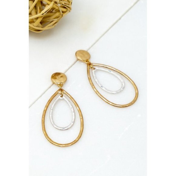 Gold Silver Mix Hammer Tear Drop Dangle Earring - Picture 6 of 6